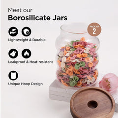 Urbane Home Borosilicate Glass Jar with Bamboo Lid | Kitchen Organizer Items & Storage | Multi-utility, Leakproof, Airtight Storage Jar for Cookies, Snacks, Tea, Coffee, Sugar | Set of 2 (550ml)