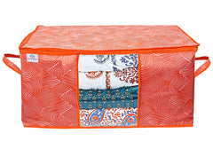 Heart Home Lahariya Design Non-woven Foldable Underbed/Storage Bag/Wardrobe Organizer With Transparent Window- Pack of 12 (Orange)-44HH0507
