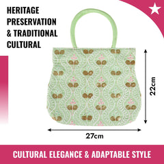 Heart Home Hand Bag|Traditional Hand Bag|Silk Wallet Hand Bag|Woman Tote Hand Bag|Ladies Purse Handbag|Gifts Hand Bag|Curved Shape Embroidery Hand Bag|Green