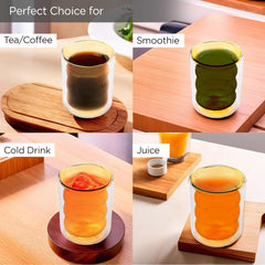 Kuber Industries Double Wall Borosilicate Glass Coffee Mug Set of 2-200ml | Unique Curvy Design | High Thermal Resistance | Microwave/Dishwasher Safe | Gifting Pack for Friends/Couples | Yellow