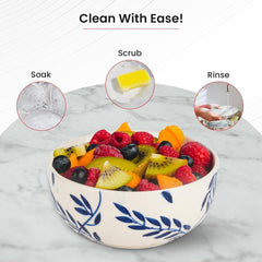 Kuber Industries Ceramic Food Bowl Set | Chini Mitti Bowl | Microwave, Dishwasher Safe Ceramic Bowl | Blue Leaf Print - White