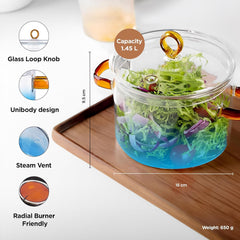 Urbane Home Borosilicate Glass 1.4L Saucepan with Lid & Handle | Induction Pan Cookware | Handi for Cooking | Microwave Safe | Cooktop for Tea/Milk/Pasta/Noodles/Rice | Blue
