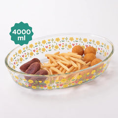 Urbane Home 4000 ml Borosilicate Printed Glass Baking Tray | Transparent Microwave Oven Safe Utensils | Oval Bread Moulds for Baking | Dishwasher & Freezer Safe | Multipurpose use Serving Tray