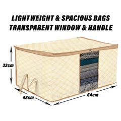 Heart Home Underbed Storage Bag | Clothes Storage Organizer | Blanket Cover with Clear Window | Zipper Closure & Handle Cloth Organizer | Check-Design | Large | Pack of 6 | Cream