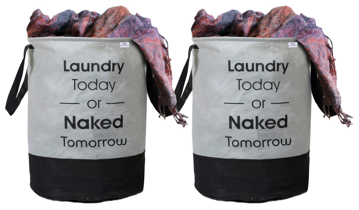 Heart Home Round Non Woven Fabric Foldable Laundry Organiser With Handles,45 Ltr, Pack of 2 (Grey & Black)-HEARTXY11449