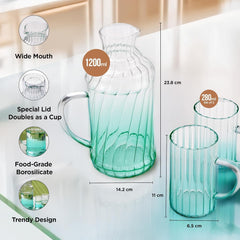 Urbane Home Borosilicate Glass Water Jug with Lid (1200ml) & 2 Cups (280ml) | Glass Jug for Water, Juice, Coffee, Iced Tea | Gift Items | Kitchen Accessories Items