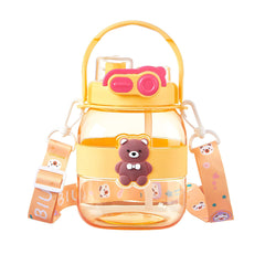 Kuber Industries Pack of 5 Kids Water Bottle With Straw |Cute Teddy Bear Sipper Water Bottle For Kids Boys Girls| Water Bottle with Locking Flip Lid | 1000 ML | Yellow | SYZ-7728B