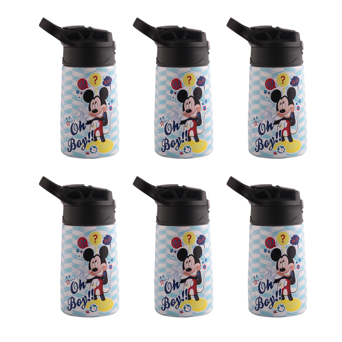 Kuber Industries 350 ml Insulated Water Bottle | Mickey Kids Water Bottle | Stainless Steel Kids Water Bottle | Water Bottle with Push-Button Flip Lid | Bottle For School | Sky Blue | Pack of 6