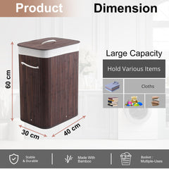 Homestic 72 Ltr Rectangular Bamboo Laundry Basket For Clothes With Lid | Washing Clothes Storage Bag & Laundry Box - Dark Brown