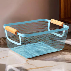 Kuber Industries Metal Mesh Basket for storage with wooden handle | 440gm | Fruit basket for kitchen | Kitchen Organizer | Baskets for organizing home & kitchen | Blue | Multipurpose