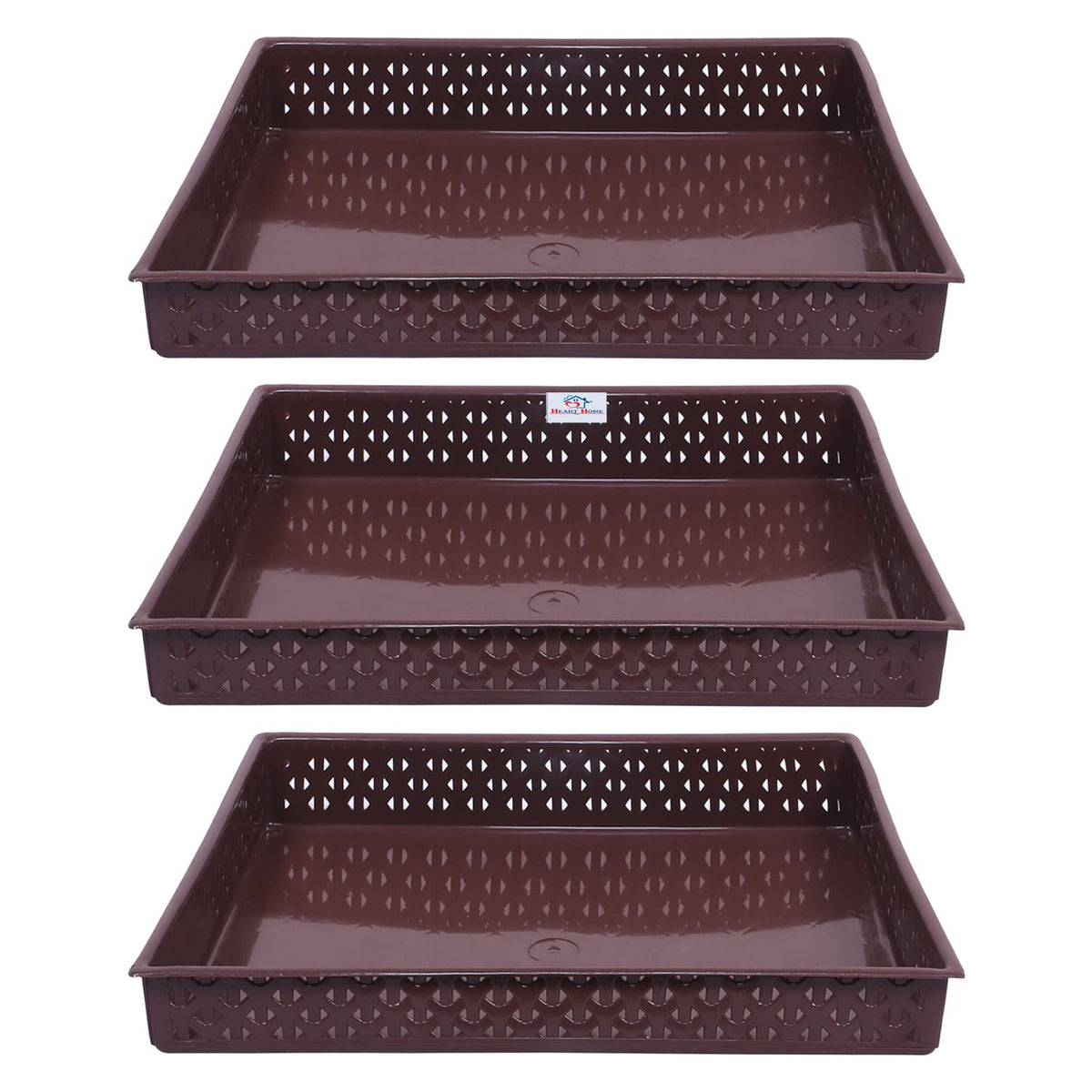 Heart Home Storage Tray|Versatile Plastic Storage Organizer|Rectangular Tray for Kitchen Storage|Storage Tray for Office|ALEXA-15|Pack of 3 (Brown)
