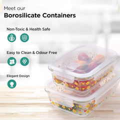 Homestic Borosilicate Glass containers Set with Lid | Microwave Safe | Airtight Storage Jar | Transparent | Airvent PP lid | 400ml & 630ml | Rectangular Printed | Pack of 2