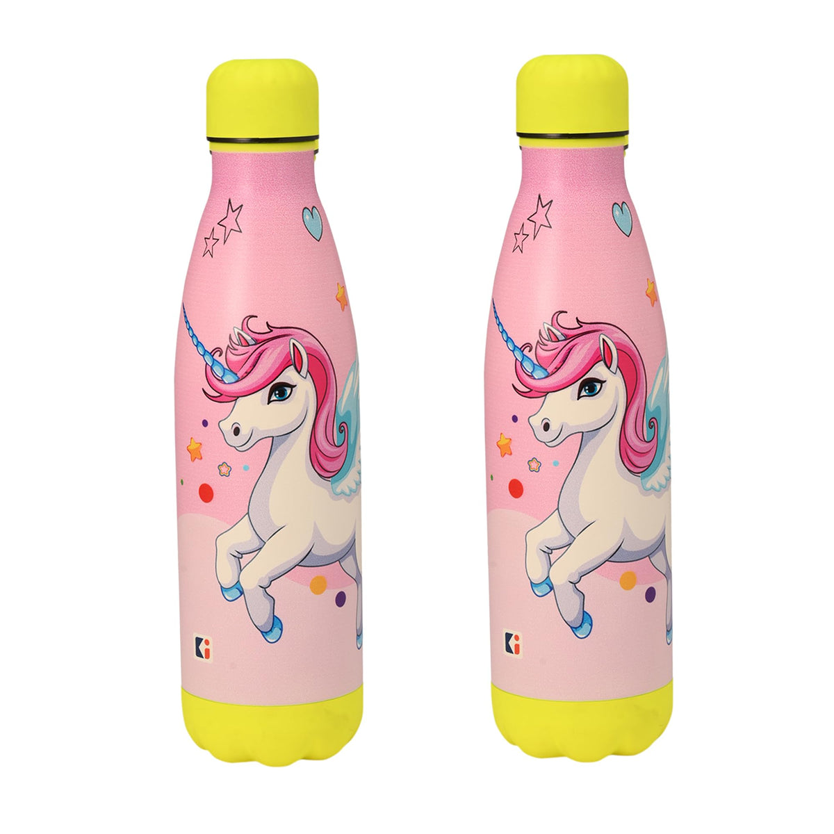 Kuber Industries 500 ml Water Bottle with 2 Lids | Unicorn Rainbow | Stainless Steel Bottle for Travel-Gym & Sports | BPA-Free Insulated Sipper Bottle for Adults & Kids with Straw | Pink | Pack of 2