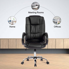 Kuber Industries Ergonomic Leather Office Chairs for Work From Home | Comes with Manual Height Adjustable, Armrest, Headrest & Lumbar Support | Comfy Study Chair for Students with Wheels | Black