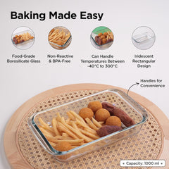 Heart Home 1000 ml Borosilicate Glass Baking Tray | Transparent Microwave Oven Safe Utensils | Rectangular Bread Moulds for Baking | Dishwasher & Freezer Safe | Multipurpose use Serving Tray