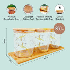 Urbane Home Borosilicate Glass Containers with Bamboo Lid and Tray|Kitchen Organizer Items and Storage|Multipurpose Airtight Containers|3 Pieces Kitchen Containers Set-850ml Each