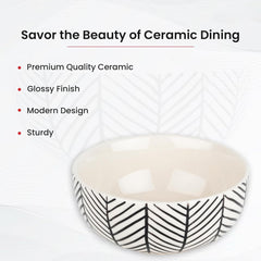 Kuber Industries Ceramic Food Bowl Set | Chini Mitti Bowl | Microwave, Dishwasher Safe Ceramic Bowl | Black Strips Print - White