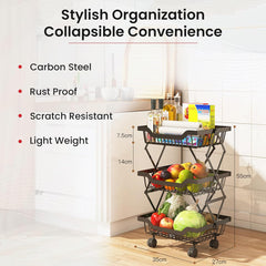 Kuber Industries 3-Layer Collapsible Kitchen Rack|Multipurpose Storage Basket|360-Degree Rotable Kitchen Trolley|Fruit Basket (Black)