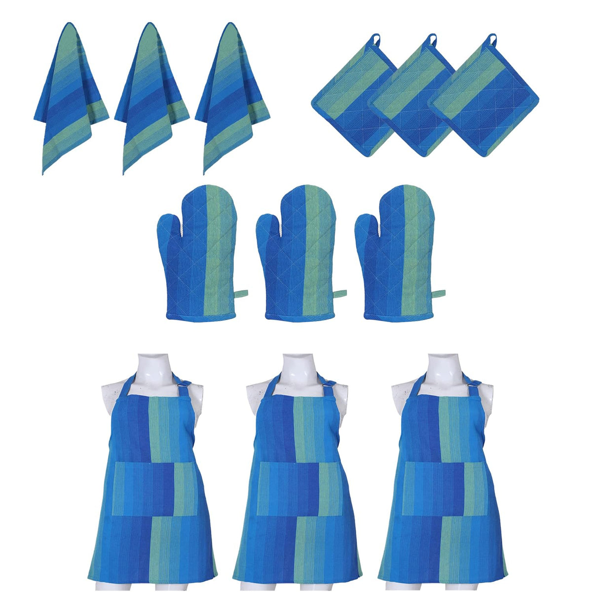 Kuber Industries Pack of 3 Kitchen Linen Set|Cotton Glove,Pot Holder & Kitchen Towel|Adjustable Buckle Stain Resistant Cooking Kitchen Apron for Men,Women (Blue)