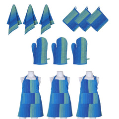 Kuber Industries Pack of 3 Kitchen Linen Set|Cotton Glove,Pot Holder & Kitchen Towel|Adjustable Buckle Stain Resistant Cooking Kitchen Apron for Men,Women (Blue)