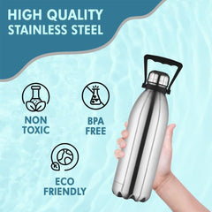 Kuber Industries 1500 ml Flask LeakProof Hot & Cold Stainless Steel Water Bottle with Handle | Shatterproof Insulated Thermos Water Bottle for Adults,Office & Home | Silver
