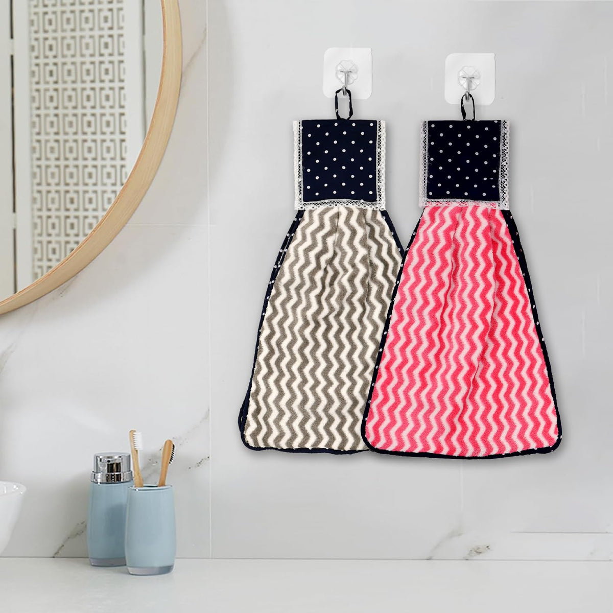 Heart Home Napkin | Washbasin Hanging Napkin | Kitchen Towel with Ties | Napkin for Kitchen | Zig Zag Napkin for Bathroom | Hand Towel for Kitchen | Pack of 2 | Multi