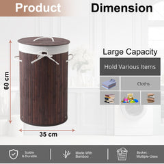 Kuber Industries 73 Ltr Round Bamboo Laundry Basket For Clothes With Lid | Used/Washing Clothes Bag & Laundry Box - Dark Brown