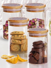 Urbane Home Borosilicate Glass Jar with Printed Bamboo Lid|Kitchen Organizer Items and Storage|Multi-utility, Leakproof, Airtight Storage Jar for Cookies,Snacks,Tea,Coffee,Sugar|Pack of 4(600ml)