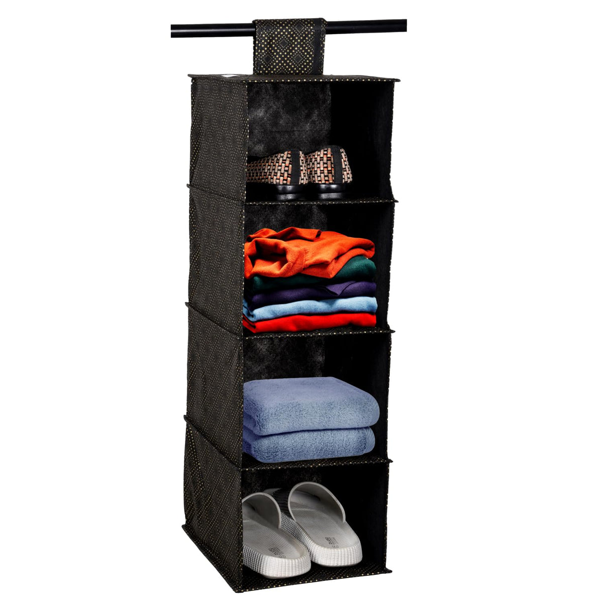 Heart Home Shoe Rack|4 Shelf Foldable Storage Rack|Clothes Hanging Organizer|Shoe Storage Organizer|Closet Organizer with Velcro|Shoe Rack Golden-Dot|Black
