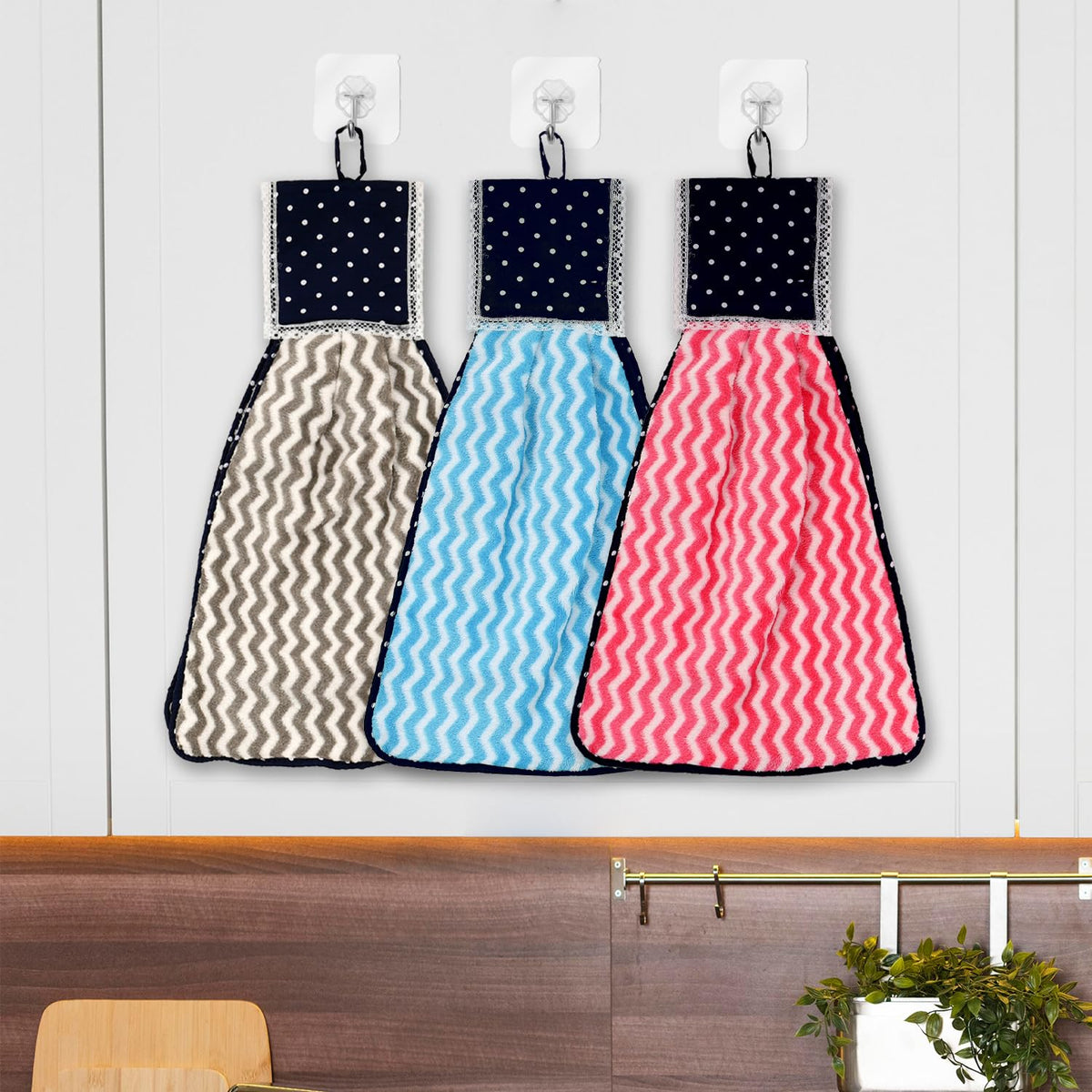 Kuber Industries Napkin | Washbasin Hanging Napkin | Kitchen Towel with Ties | Napkin for Kitchen | Zig Zag Napkin for Bathroom | Hand Towel for Kitchen | Pack of 3 | Multi
