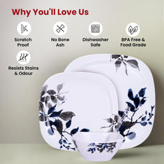 Kuber Industries 31 Pieces Square Unbreakable Microwave & Dishwasher Safe Melamine Dinnerware Kitchen Crockery Set | Glossy Dinner Set & Kitchen Set for Home | Blue Vine (Bail) - White