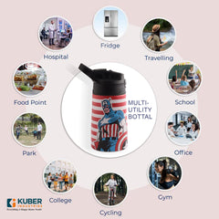 Kuber Industries 350 ml Insulated Water Bottle | Captain America Kids Water Bottle | Stainless Steel Kids Water Bottle | Water Bottle with Push-Button Flip Lid | Bottle For School | Red | Pack of 2
