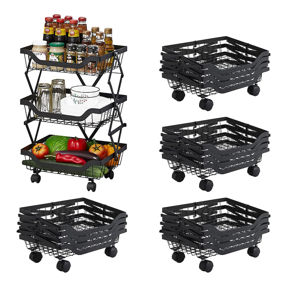 Kuber Industries 3-Layer Collapsible Kitchen Rack|Multipurpose Storage Basket|360-Degree Rotable Kitchen Trolley|Fruit Basket Pack of 5 (Black)