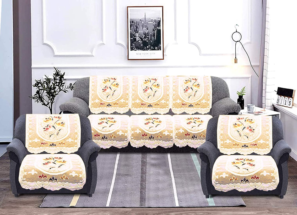 Kuber Industries Flower Design Cotton 5 Seater Sofa Cover with 6 Pieces Arms Cover|Use Both Side|Living Room|Drawing Room|Pack of 16 (Cream)