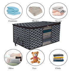 Heart Home Underbed Storage Bag | Clothes Storage Organizer | Blanket Cover with Clear Window | Zipper Closure & Handle Cloth Organizer | Check-Design | Large | Pack of 4 | Black