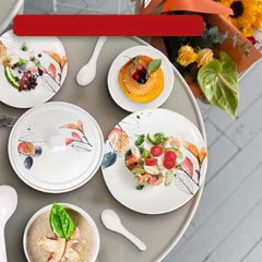 Kuber Industries 32 Pieces Round Melamine Microwave & Dishwasher Safe Dinnerware Kitchen Crockery Set | Glossy Dinner Sets & Kitchen Set for Home | Stylon Vector Floral - White