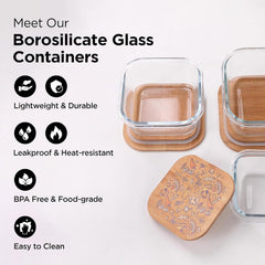Kuber Industries Borosilicate Kitchen Containers Set with Bamboo Lid | Glass Containers with Lid | Airtight | Microwave Safe | Ratatouille Print | 310ml 510ml 800ml | Pack of 3 | Multipurpose