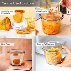 Heart Home Pack of 3 Borosilicate Glass Kitchen Containers Set with Airvent Pp Lid | Airtight Round Fridge Storage Boxes for Grains, Pulses, Spices, Snacks | 610 ml Each | Light Orange