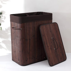 Kuber Industries Bamboo Basket With Lid|Foldable Laundry Basket For Clothes|Durable Rope Handles & Removable Bag (Dark Brown) (Pack Of 4)