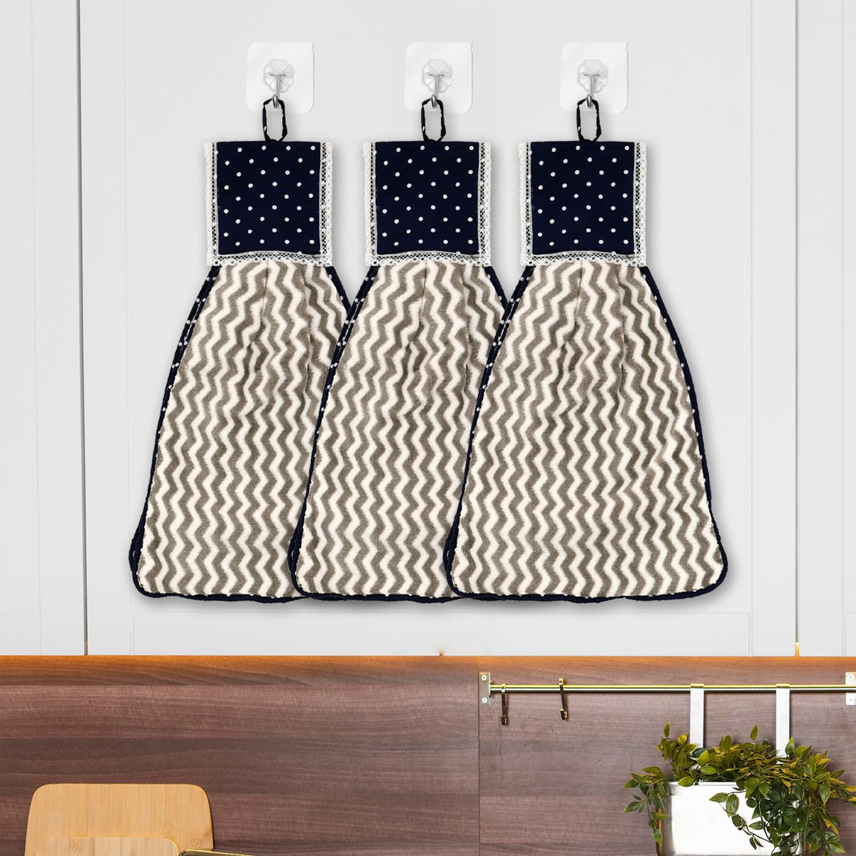 Heart Home Napkin | Washbasin Hanging Napkin | Kitchen Towel with Ties | Napkin for Kitchen | Zig Zag Napkin for Bathroom | Hand Towel for Kitchen | Pack of 3 | Gray