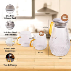 Kuber Industries Borosilicate Glass Jug Set with 2 Cups | Glass Jug with Stainless Steel Lid - 1500ml | Glass Cup - 400ml Each | Designer Jugs for Water, Juice, Beverages | Housewarming Gift Pack