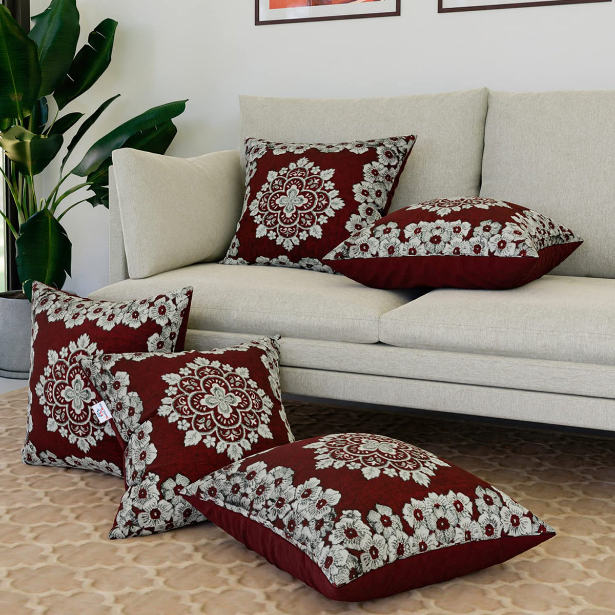Heart Home Cushion Cover | Sofa Cushion Covers | Embossed Square Cushion Covers | Velvet Cushion Covers | Couch Cushion Covers | Set of 5 | 16 Inch | Maroon