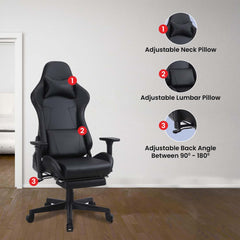 Kuber Industries Ergosmart PC Gaming Chairs with 3D Armrest & Wheels | Comes with Headrest, Lumbar Support Cushions & Footrest | Comfortable Chair for Long Sitting & Back Pain Relief Support | Black
