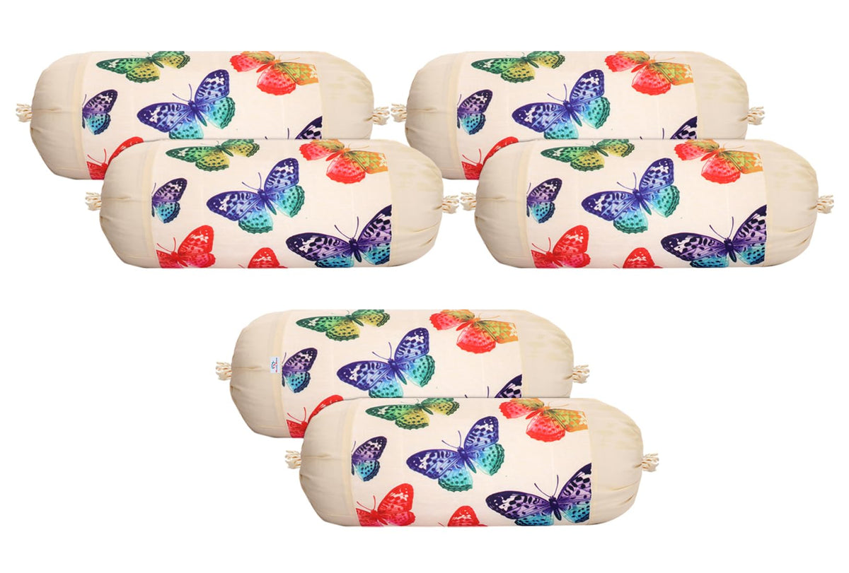 Heart Home Bolster Cover|Polyester Bolster Cover Set|Diwan Round Bolster Pillow Covers|Luxurious Butterfly Print Roll Masand Cover|Pack of 6 (Cream)