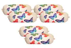 Heart Home Bolster Cover|Polyester Bolster Cover Set|Diwan Round Bolster Pillow Covers|Luxurious Butterfly Print Roll Masand Cover|Pack of 6 (Cream)