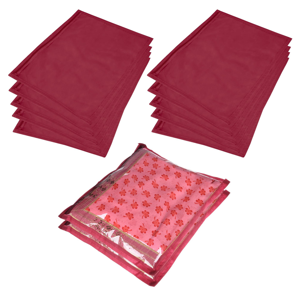 Heart Home Saree Cover | Clothes Storage Bag | Single Packing Saree with Zip Closure | Wardrobe Organizer | Cloth Stoarge Organizer | Plain Saree Cover | Pack of 12 | Maroon