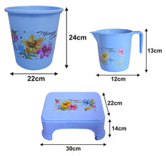 Heart Home Printed 3 Pieces Unbreakable Virgin Plastic Multipurpose Mug, Dustbin & Stool Set (Blue)