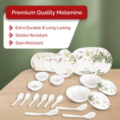 Heart Home 32 Pieces Round Melamine Microwave & Dishwasher Safe Dinnerware Kitchen Crockery Set | Glossy Dinner Sets & Kitchen Set for Home | Deluxe Lavender Floral - White