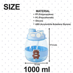 Kuber Industries Kids Pack of 2 Water Bottle With Straw |Cute Teddy Bear Sipper Water Bottle For Kids Boys Girls| Water Bottle with Locking Flip Lid | 1000 ML | Blue | SYZ-7730C