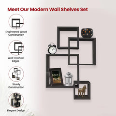 Kuber Industries Wooden 4 Intersecting Wall Mount Wooden Wall Shelf for Bedroom & Living Room | DIY Assembly Book Shelves for Home Library | Wall Rack Shelf for Decor | Black